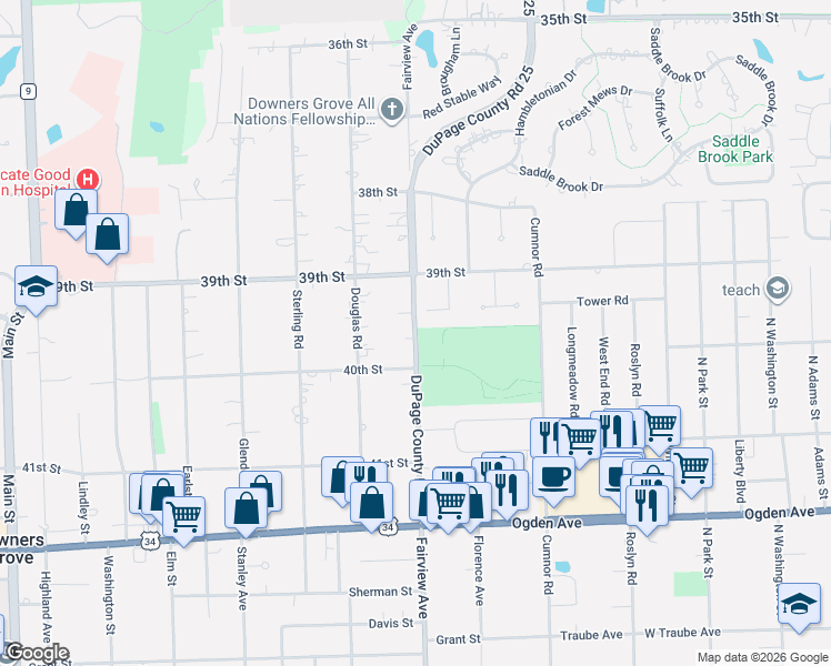 map of restaurants, bars, coffee shops, grocery stores, and more near 3940 Fairview Avenue in Downers Grove