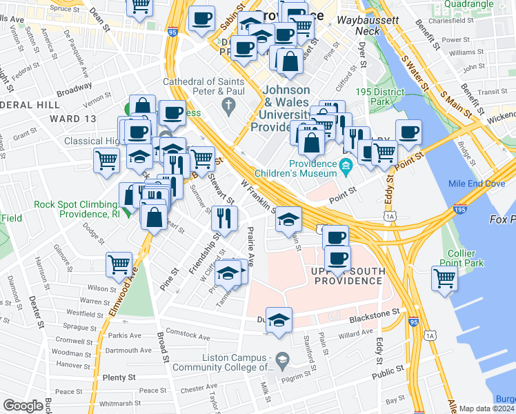 map of restaurants, bars, coffee shops, grocery stores, and more near 43 Maple Street in Providence
