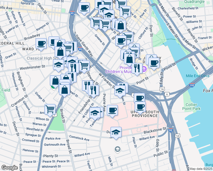 map of restaurants, bars, coffee shops, grocery stores, and more near 43 Maple Street in Providence