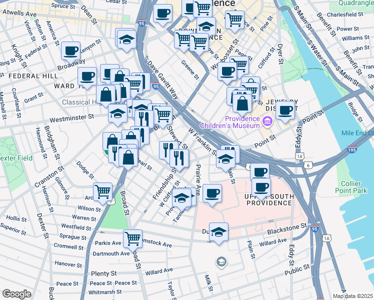 map of restaurants, bars, coffee shops, grocery stores, and more near 368 Pine Street in Providence