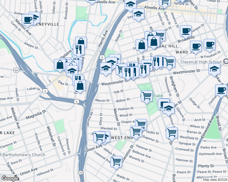 map of restaurants, bars, coffee shops, grocery stores, and more near 79 Oak Street in Providence