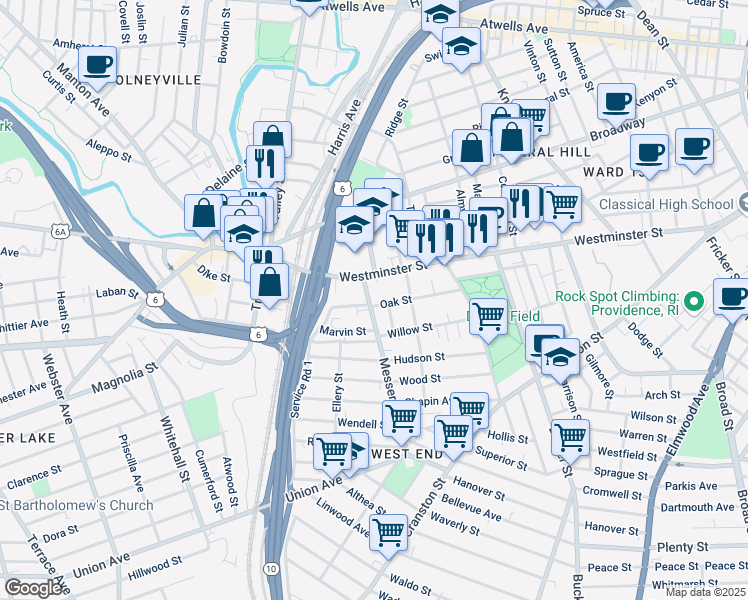 map of restaurants, bars, coffee shops, grocery stores, and more near 79 Oak Street in Providence