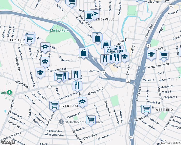 map of restaurants, bars, coffee shops, grocery stores, and more near 43 Laban Street in Providence