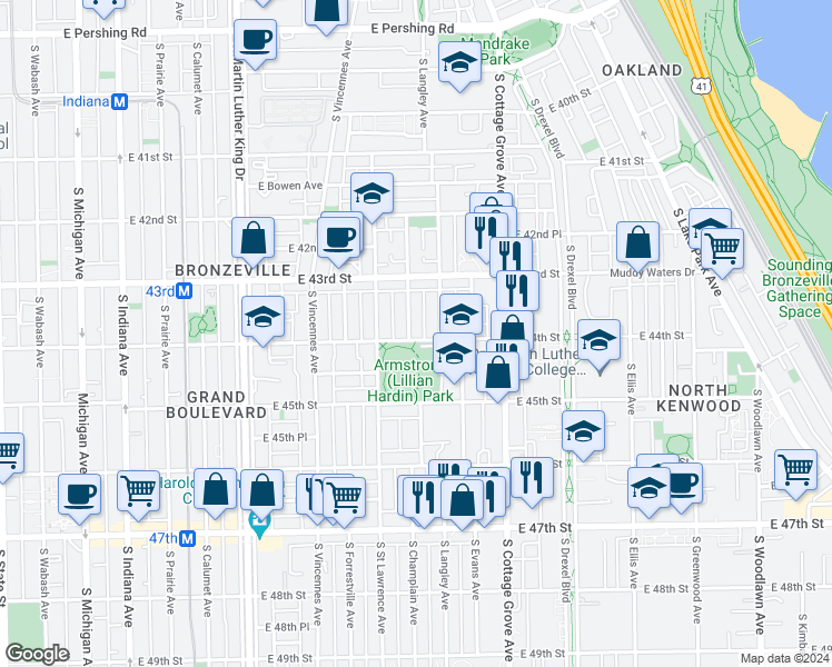 map of restaurants, bars, coffee shops, grocery stores, and more near 4342 South Champlain Avenue in Chicago