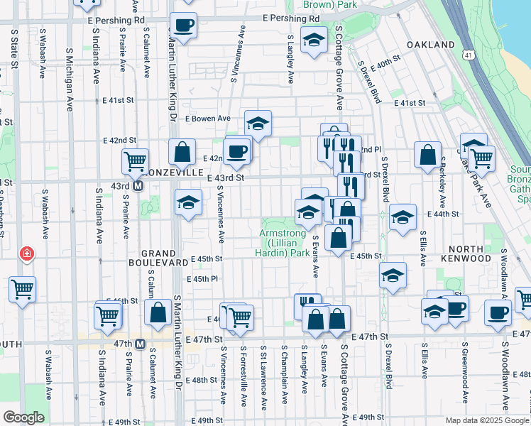 map of restaurants, bars, coffee shops, grocery stores, and more near 4340 South Saint Lawrence Avenue in Chicago