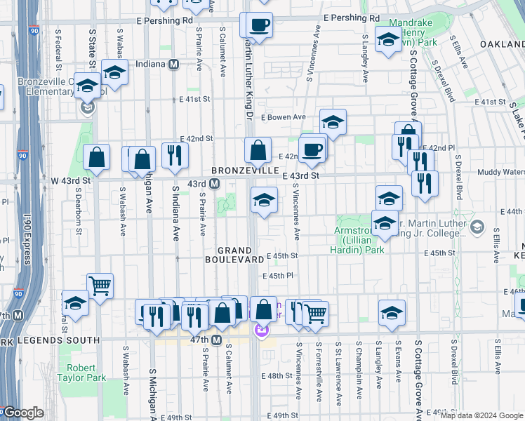 map of restaurants, bars, coffee shops, grocery stores, and more near 4331 South King Drive in Chicago