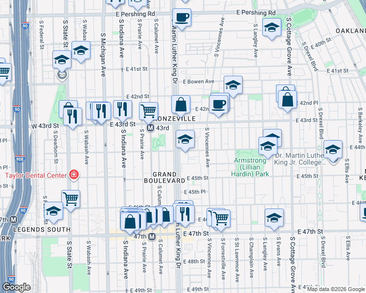 map of restaurants, bars, coffee shops, grocery stores, and more near 4337 South Doctor Martin Luther King Junior Drive in Chicago