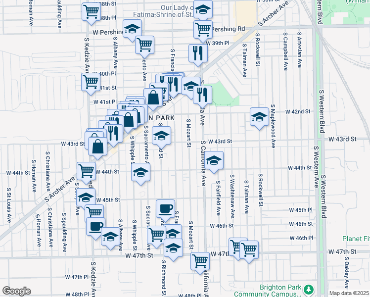 map of restaurants, bars, coffee shops, grocery stores, and more near 4254 South Mozart Street in Chicago
