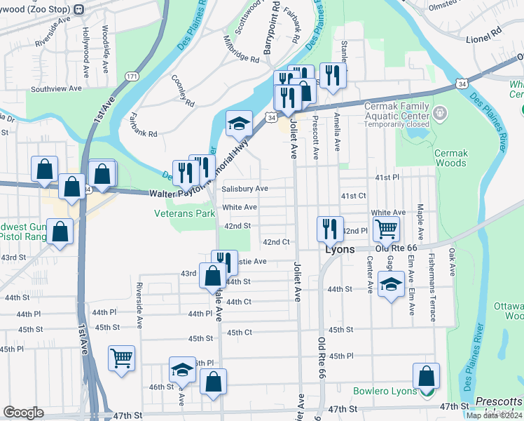 map of restaurants, bars, coffee shops, grocery stores, and more near 8104 White Avenue in Lyons