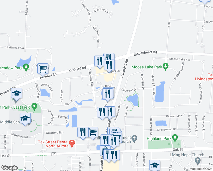 map of restaurants, bars, coffee shops, grocery stores, and more near 1215 Ritter Street in North Aurora