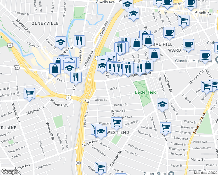 map of restaurants, bars, coffee shops, grocery stores, and more near 93 Oak Street in Providence