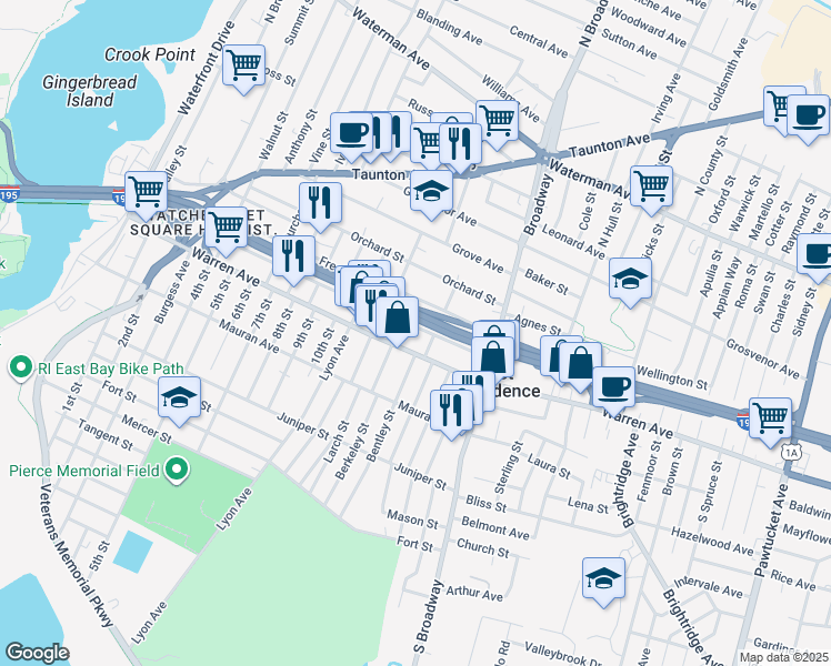 map of restaurants, bars, coffee shops, grocery stores, and more near 29 Oakley Street in East Providence