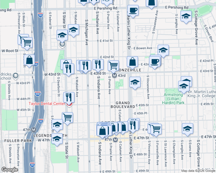 map of restaurants, bars, coffee shops, grocery stores, and more near 4348 South Prairie Avenue in Chicago