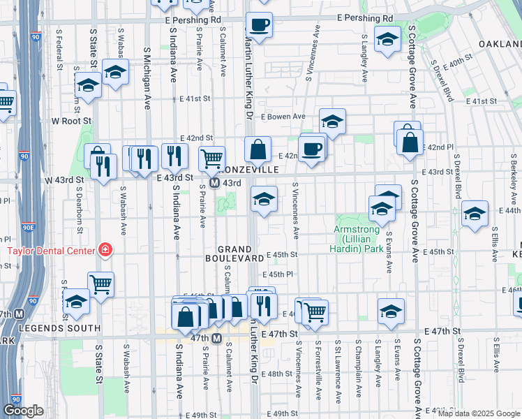 map of restaurants, bars, coffee shops, grocery stores, and more near 4331 South King Drive in Chicago