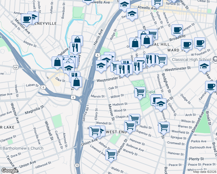map of restaurants, bars, coffee shops, grocery stores, and more near 79 Oak Street in Providence