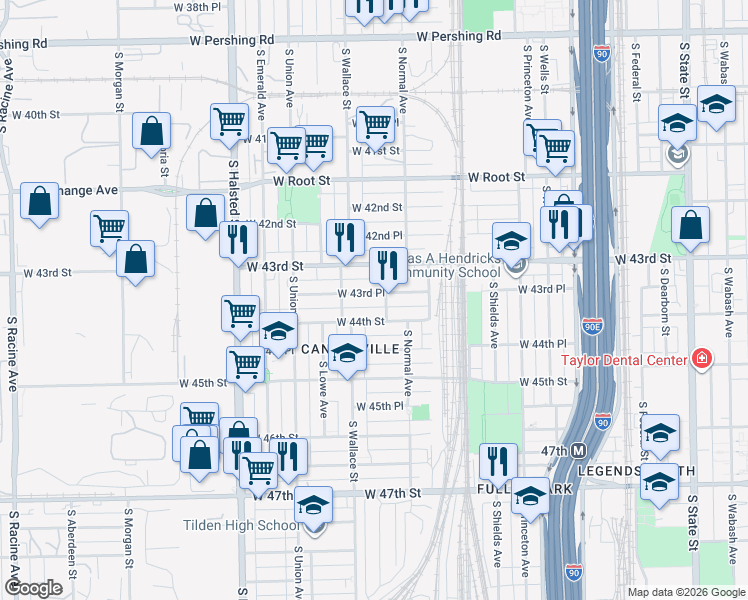 map of restaurants, bars, coffee shops, grocery stores, and more near 535 West 43rd Place in Chicago