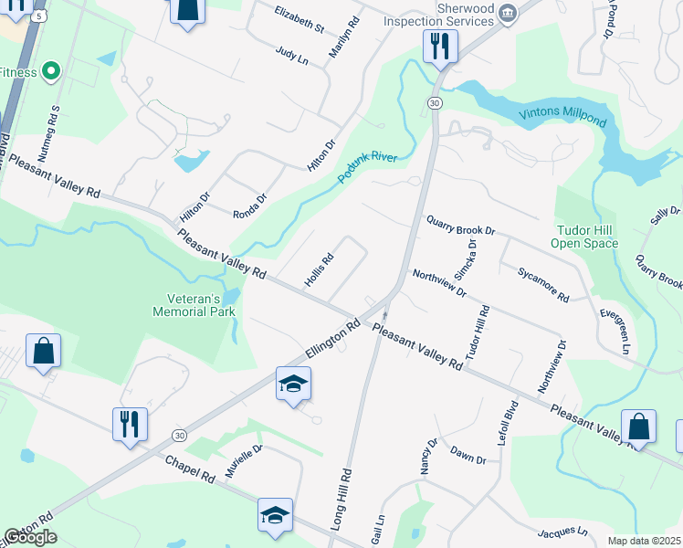 map of restaurants, bars, coffee shops, grocery stores, and more near 40 Hollis Road in South Windsor