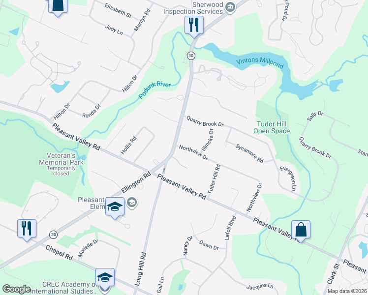 map of restaurants, bars, coffee shops, grocery stores, and more near 17 Northview Drive in South Windsor