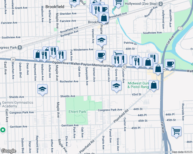 map of restaurants, bars, coffee shops, grocery stores, and more near 4128 Prairie Avenue in Brookfield