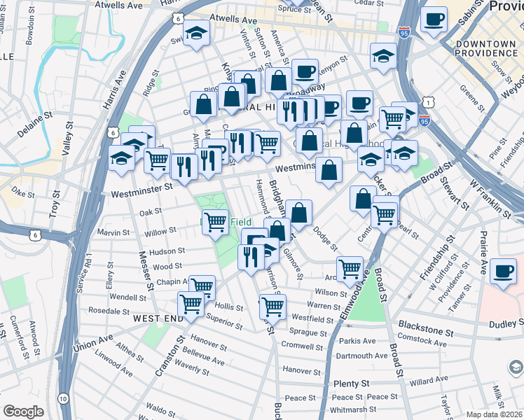 map of restaurants, bars, coffee shops, grocery stores, and more near 30 Hammond Street in Providence