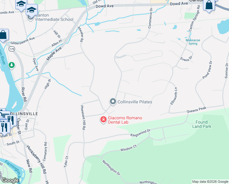 map of restaurants, bars, coffee shops, grocery stores, and more near 47 Bart Drive in Canton