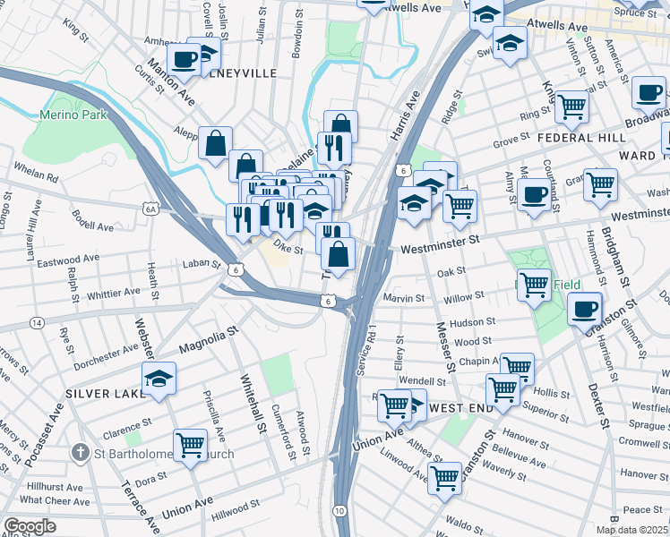 map of restaurants, bars, coffee shops, grocery stores, and more near 7 Dike Street in Providence