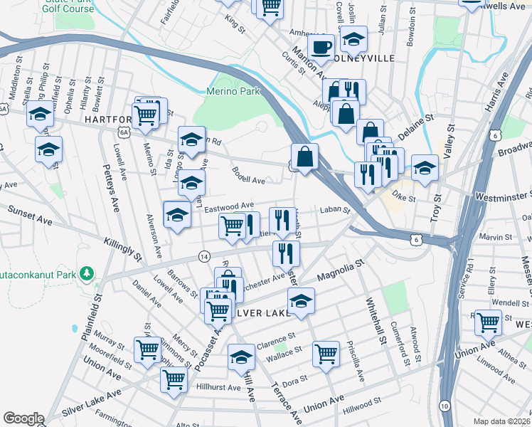 map of restaurants, bars, coffee shops, grocery stores, and more near 59 Dewey Street in Providence