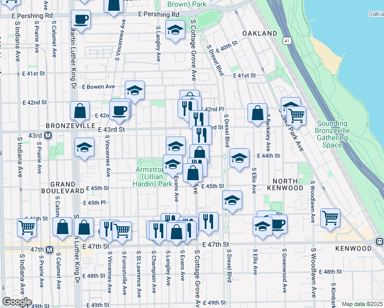 map of restaurants, bars, coffee shops, grocery stores, and more near 4352 South Cottage Grove Avenue in Chicago