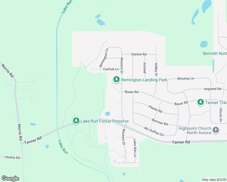 map of restaurants, bars, coffee shops, grocery stores, and more near 2932 Bauer Road in North Aurora