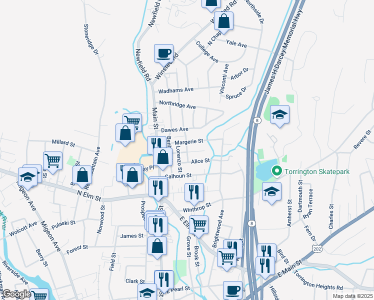 map of restaurants, bars, coffee shops, grocery stores, and more near 58 Eastwood Road in Torrington