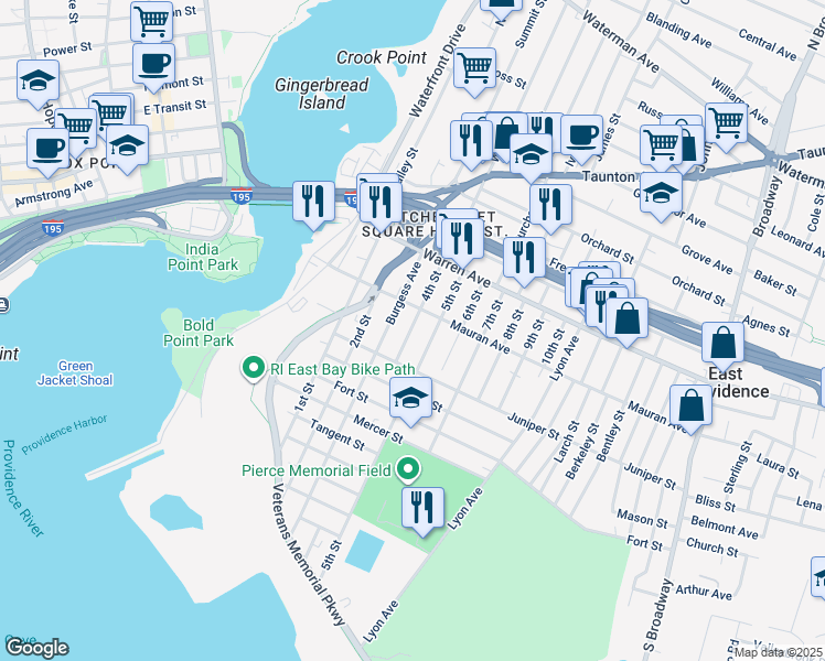 map of restaurants, bars, coffee shops, grocery stores, and more near 54 4th Street in East Providence