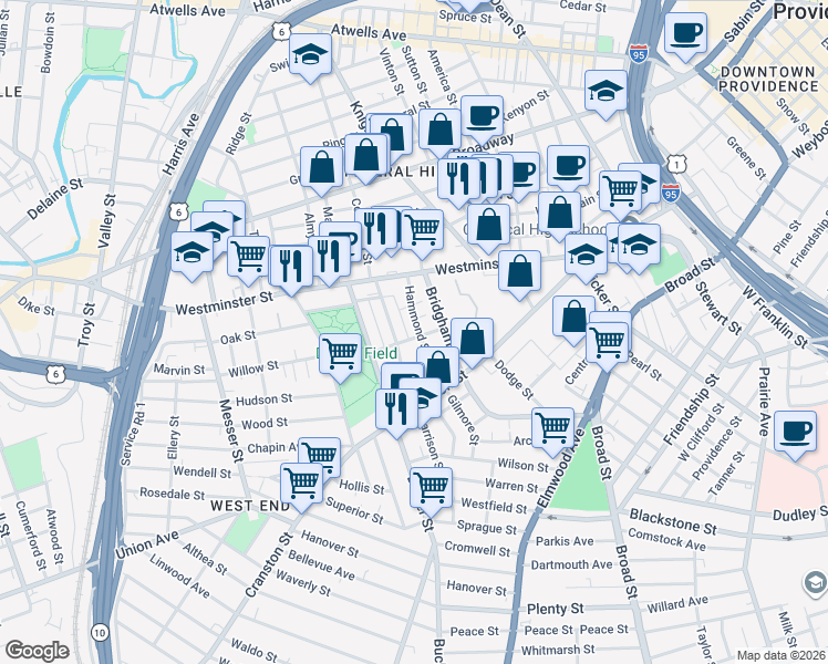 map of restaurants, bars, coffee shops, grocery stores, and more near 30 Hammond Street in Providence