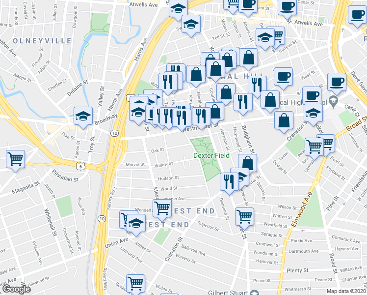 map of restaurants, bars, coffee shops, grocery stores, and more near 25 Parade Street in Providence