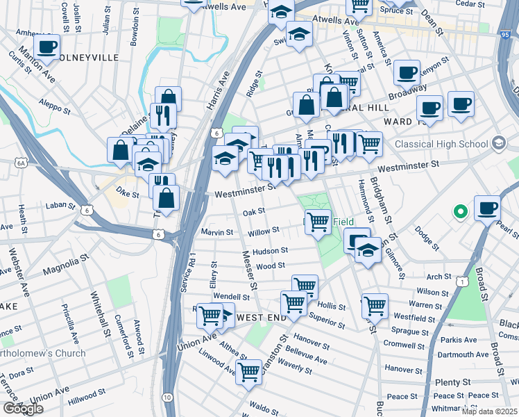 map of restaurants, bars, coffee shops, grocery stores, and more near 79 Oak Street in Providence