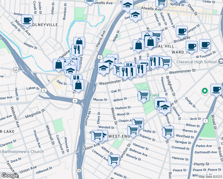 map of restaurants, bars, coffee shops, grocery stores, and more near 79 Oak Street in Providence