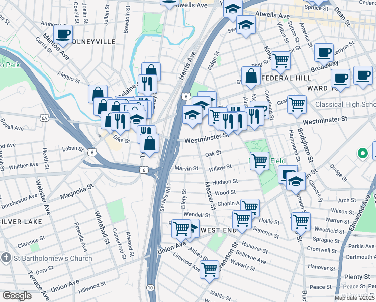 map of restaurants, bars, coffee shops, grocery stores, and more near 1654 Westminster Street in Providence