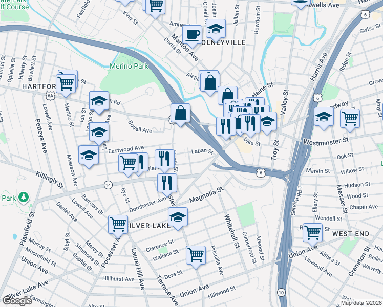 map of restaurants, bars, coffee shops, grocery stores, and more near 43 Laban Street in Providence