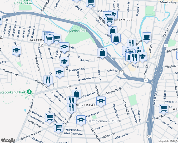 map of restaurants, bars, coffee shops, grocery stores, and more near 59 Dewey Street in Providence