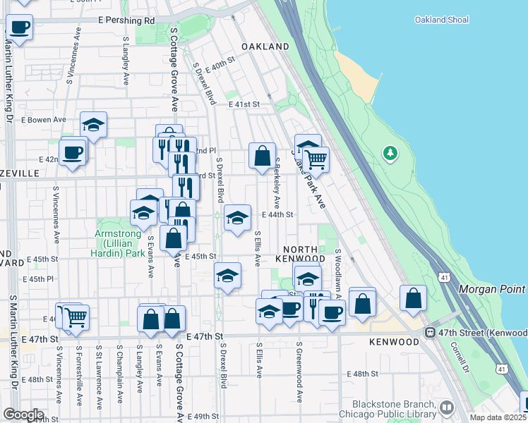 map of restaurants, bars, coffee shops, grocery stores, and more near 4337 South Ellis Avenue in Chicago
