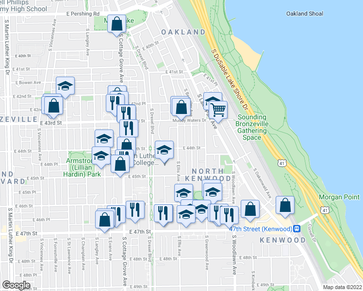 map of restaurants, bars, coffee shops, grocery stores, and more near 4337 South Ellis Avenue in Chicago