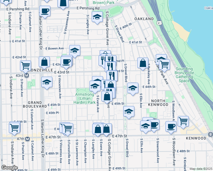 map of restaurants, bars, coffee shops, grocery stores, and more near 4347 South Evans Avenue in Chicago