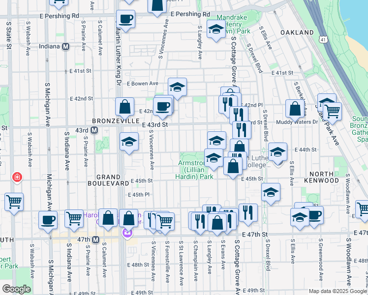 map of restaurants, bars, coffee shops, grocery stores, and more near 4342 South Champlain Avenue in Chicago