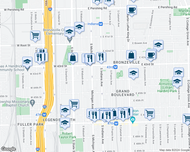 map of restaurants, bars, coffee shops, grocery stores, and more near 4337 South Michigan Avenue in Chicago
