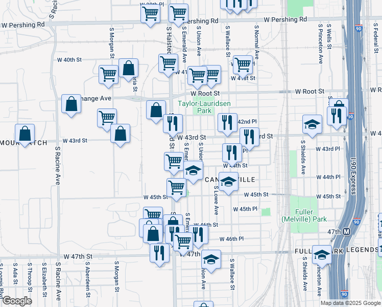 map of restaurants, bars, coffee shops, grocery stores, and more near 4324 South Union Avenue in Chicago