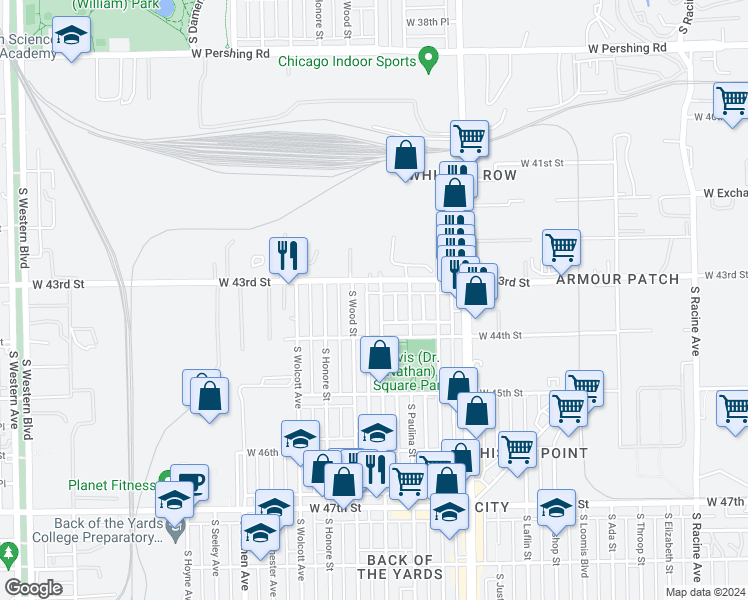 map of restaurants, bars, coffee shops, grocery stores, and more near 4300 South Hermitage Avenue in Chicago
