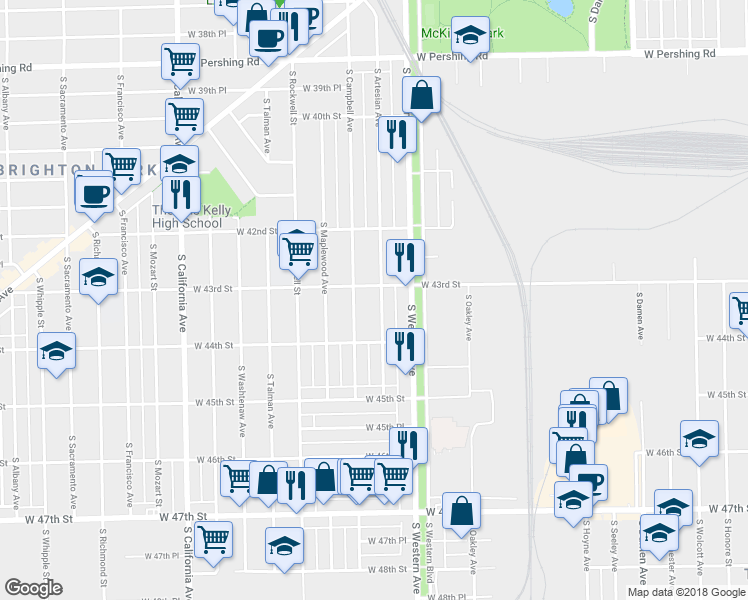map of restaurants, bars, coffee shops, grocery stores, and more near 2417 West Pope John Paul II Drive in Chicago