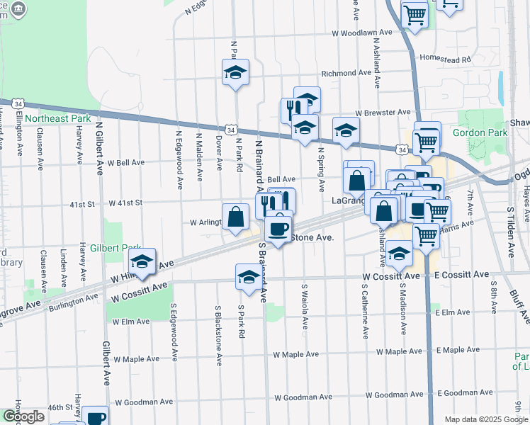 map of restaurants, bars, coffee shops, grocery stores, and more near 37 North Brainard Avenue in La Grange