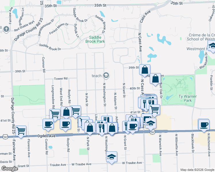 map of restaurants, bars, coffee shops, grocery stores, and more near 3920 North Adams Street in Westmont