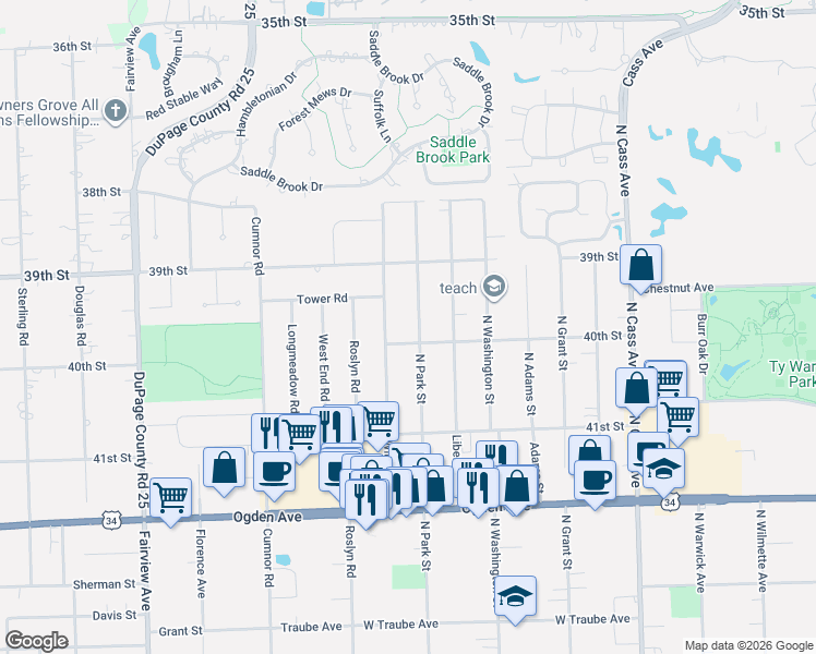 map of restaurants, bars, coffee shops, grocery stores, and more near 3921 Williams Street in Downers Grove