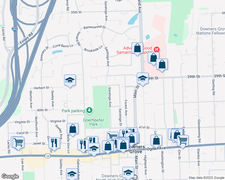 map of restaurants, bars, coffee shops, grocery stores, and more near 3915 Saratoga Avenue in Downers Grove